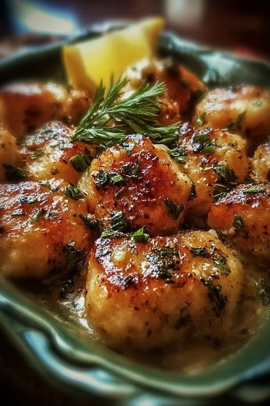 Delicious Zesty Lemon Garlic Chicken Bites served in a bowl with fresh herbs.
