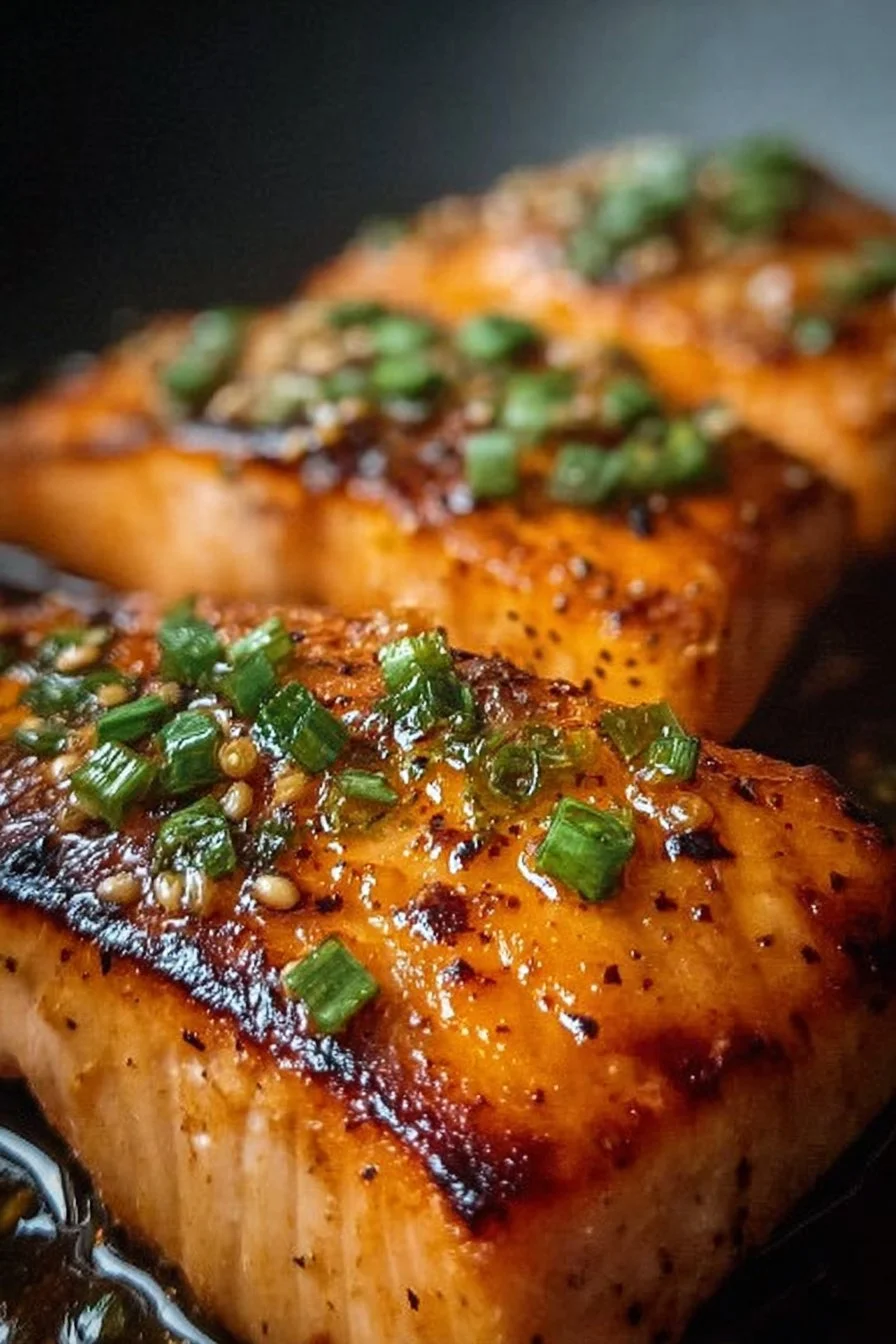 Air Fryer Honey Garlic Salmon served on a plate garnished with herbs