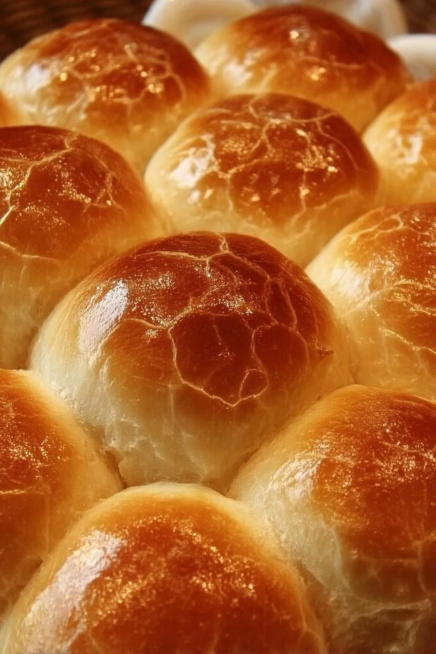 Aunt Shirley's famous homemade dinner rolls on a rustic wooden table
