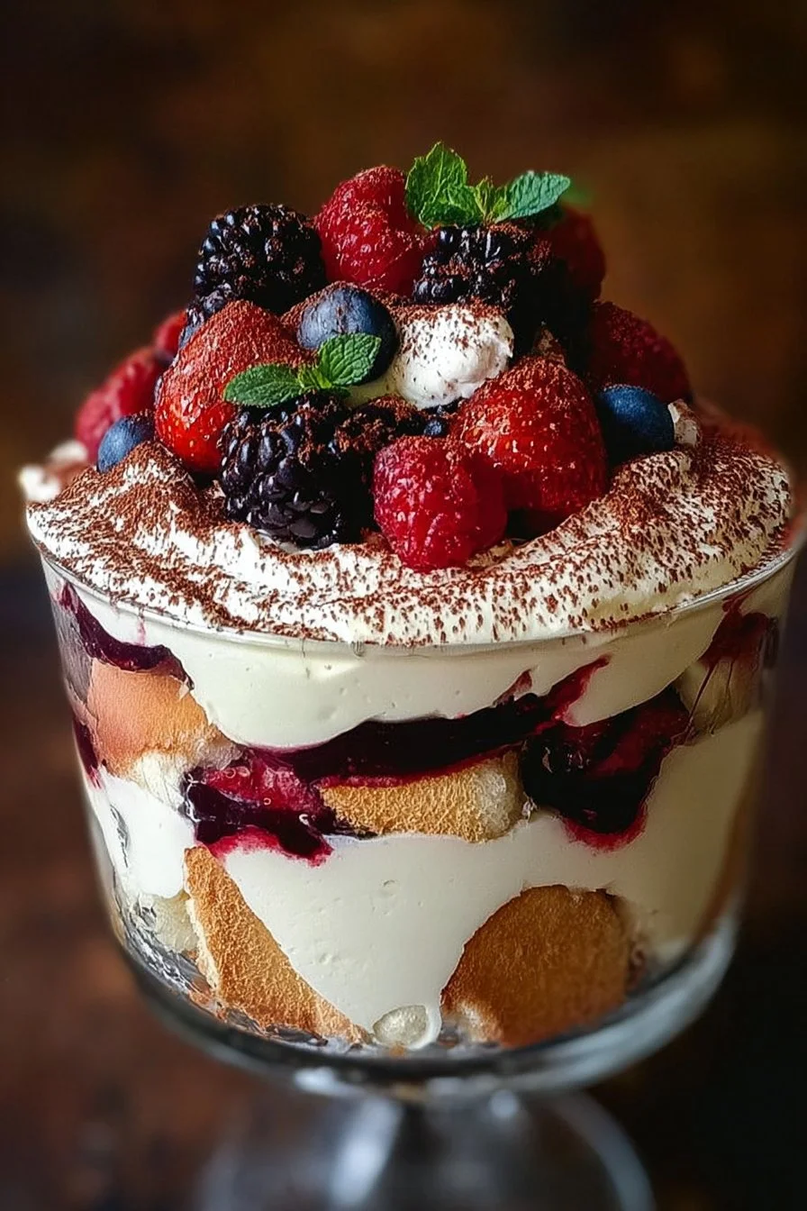 Berry Tiramisu Trifle with layers of berries and mascarpone cream