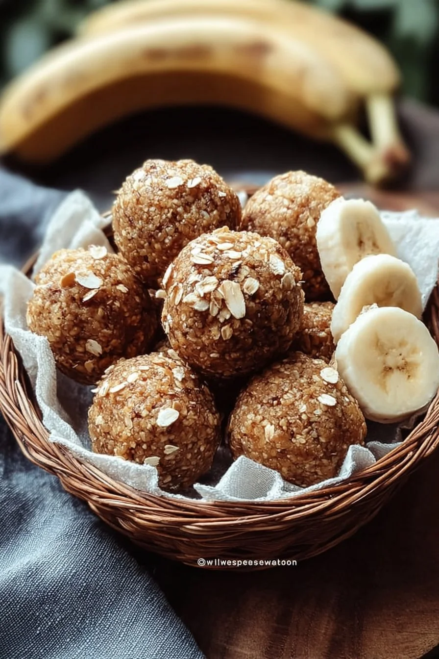 Cottage cheese banana bread energy balls stacked on a wooden table