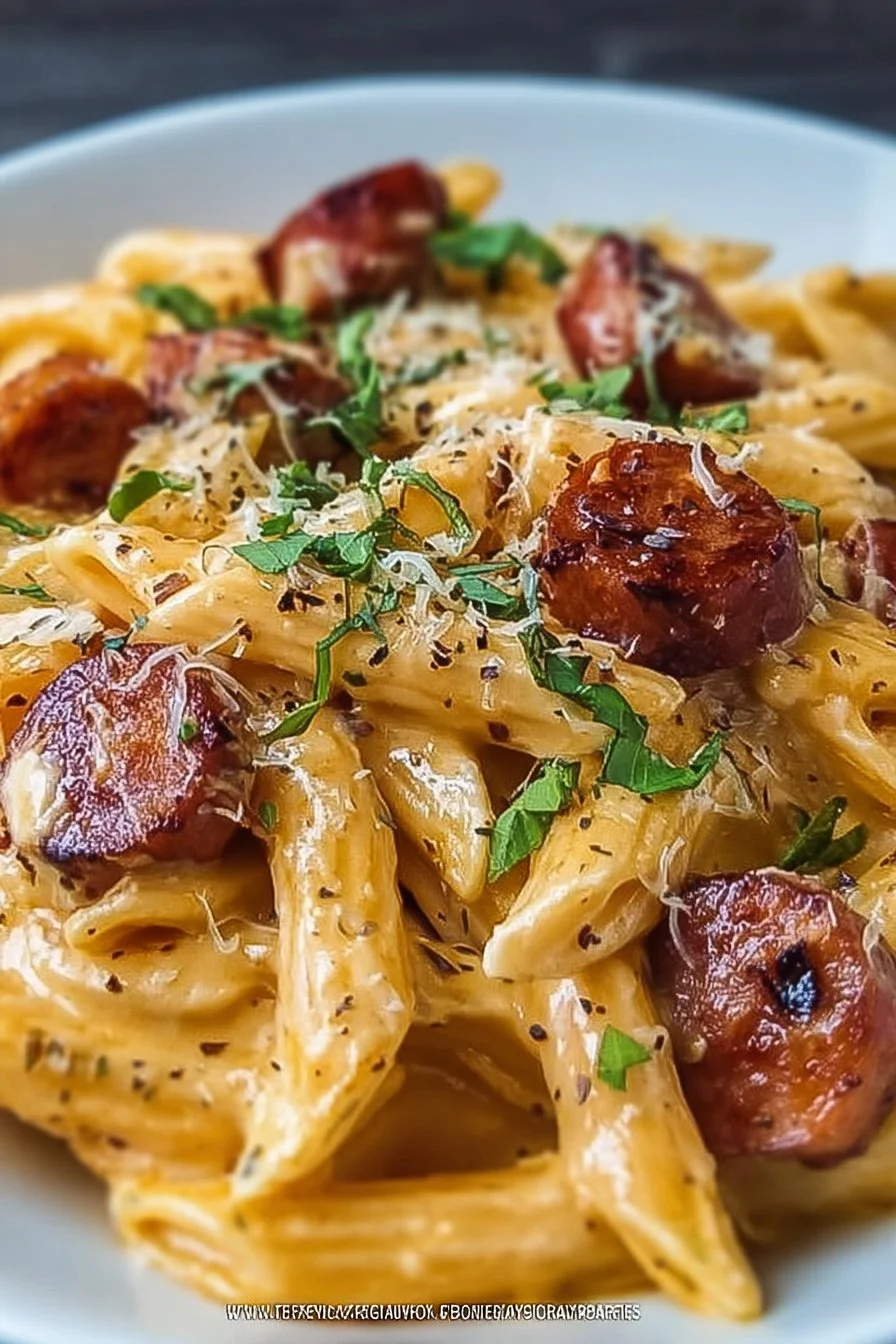 Creamy smoked sausage pasta dish with herbs and spices