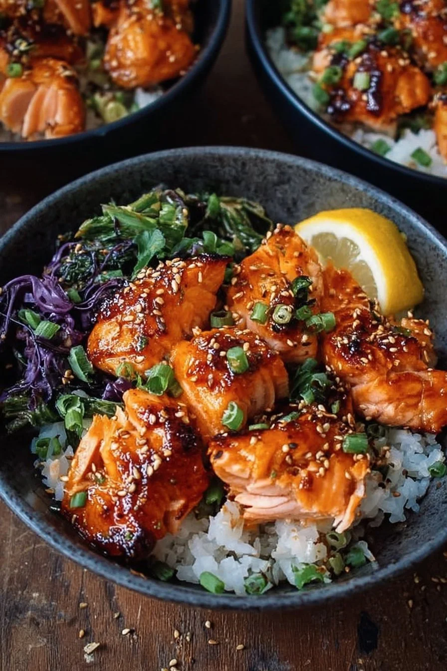 Crispy Bang Bang Salmon bite bowls topped with fresh vegetables and sauce