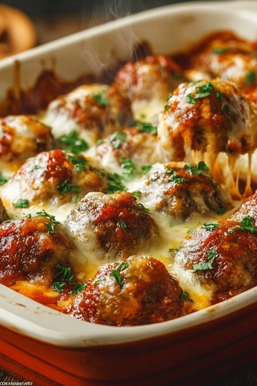 Keto meatball casserole topped with cheese and flavorful sauce