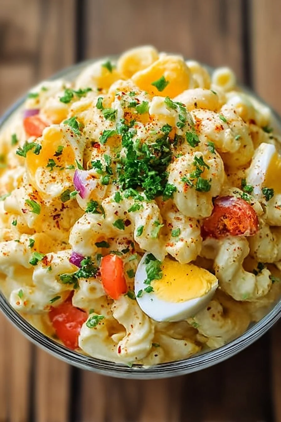 A bowl of deviled egg macaroni salad, featuring pasta, eggs, and creamy dressing