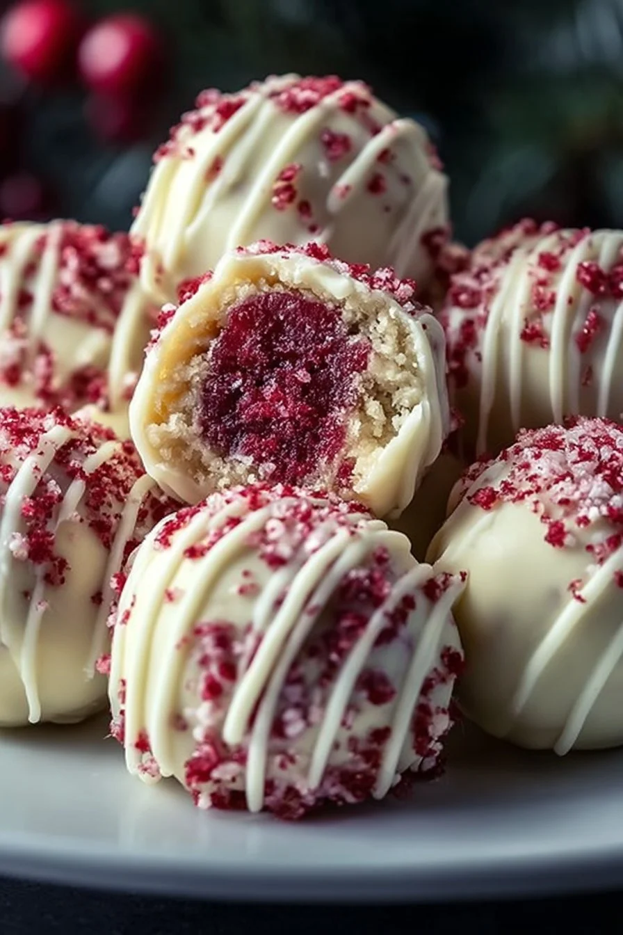 Delicious white chocolate raspberry cheesecake balls served on a platter.