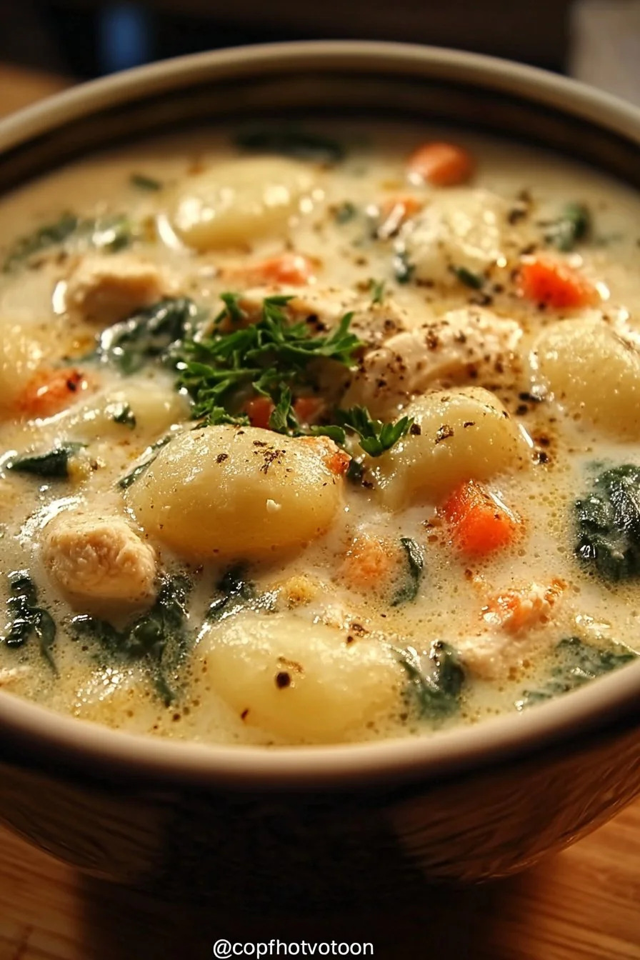 Creamy chicken gnocchi soup in a bowl, inspired by Olive Garden's recipe.