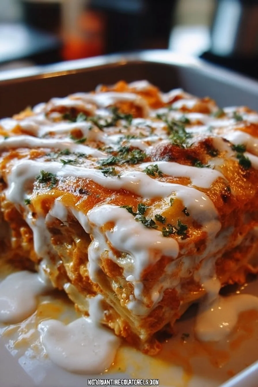 Cheesy Buffalo Chicken Lasagna topped with ranch drizzle, a spicy comfort dish