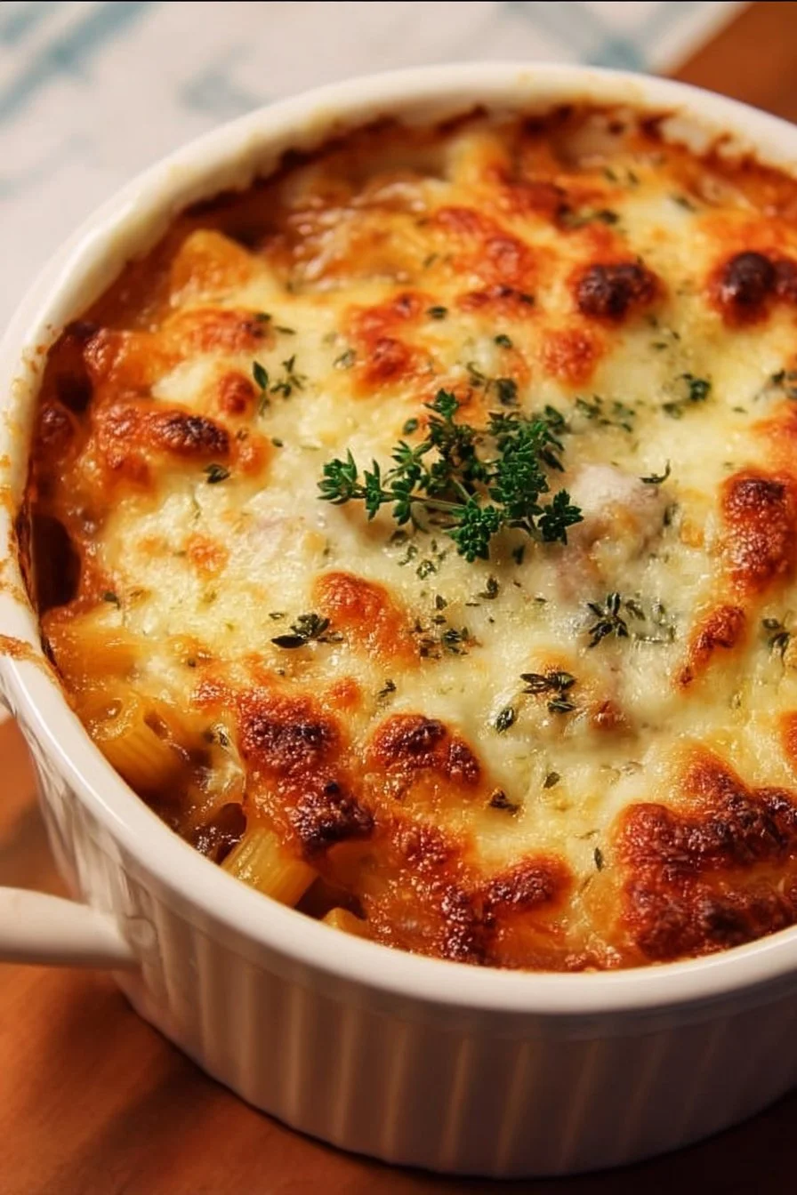 Cheesy French onion casserole served in a baking dish