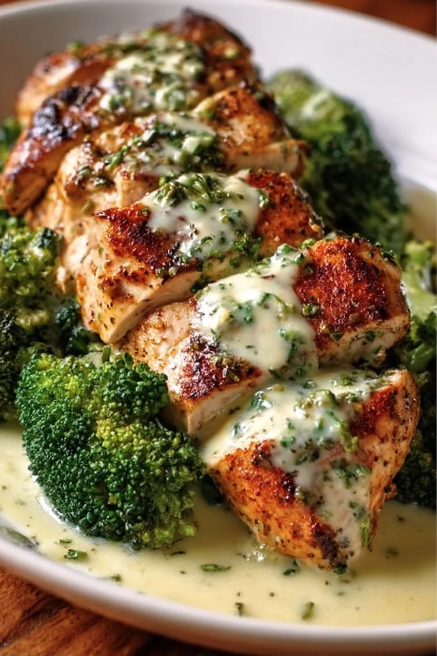 Cheesy grilled chicken and broccoli with creamy garlic sauce on a plate
