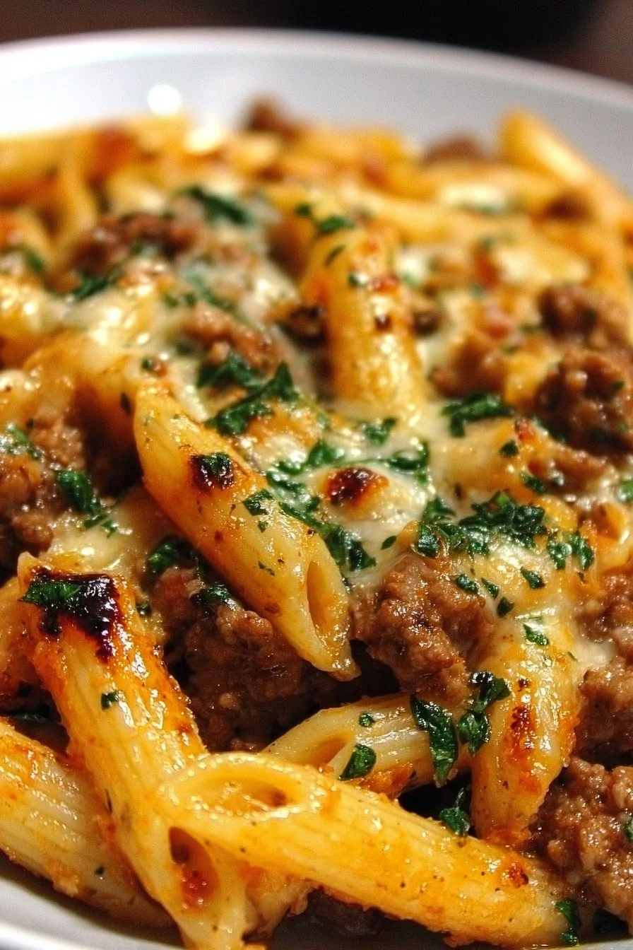 Delicious Cheesy Penne with Garlic Butter Ground Beef served in a bowl.