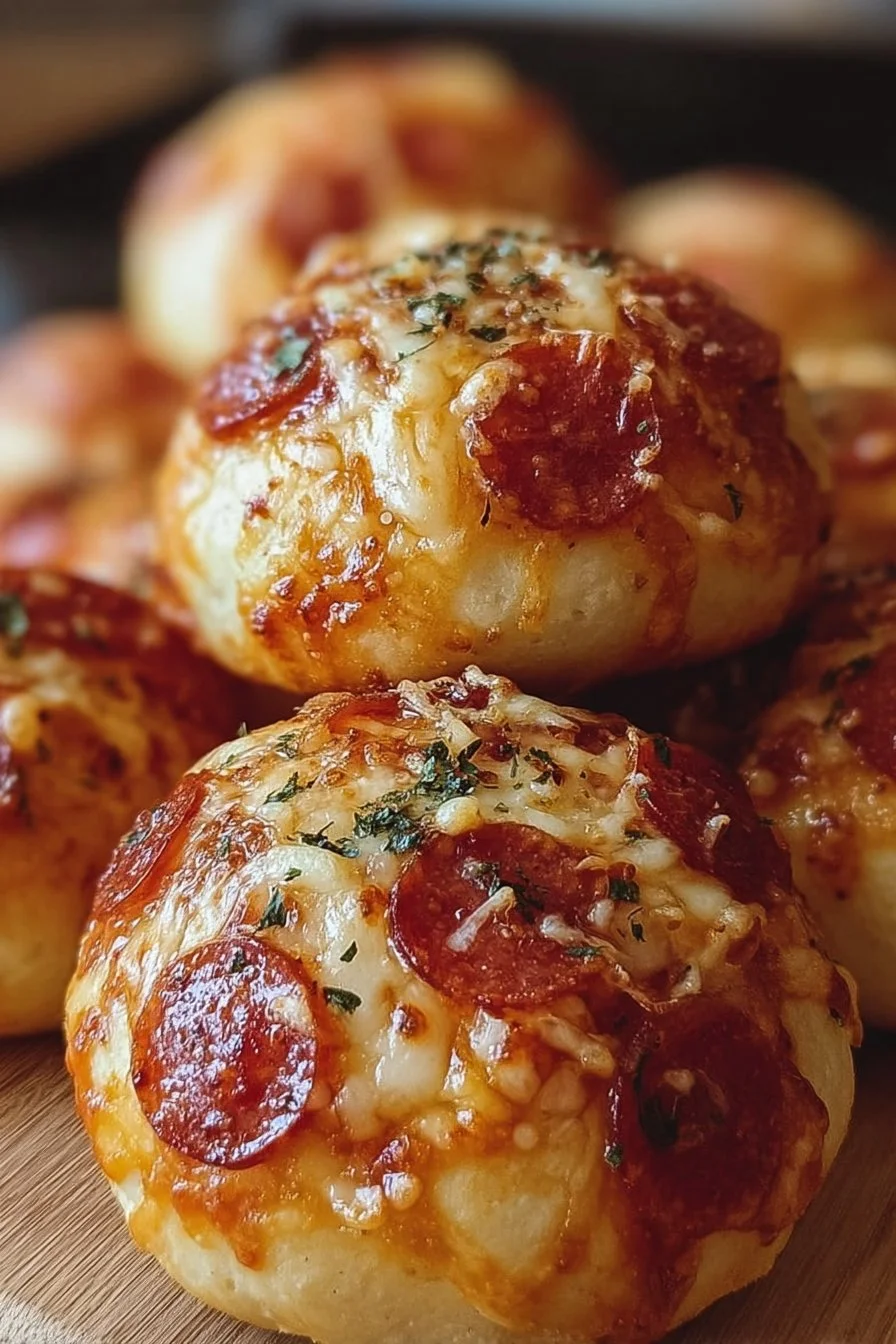 Cheesy pepperoni pizza bombs served on a plate