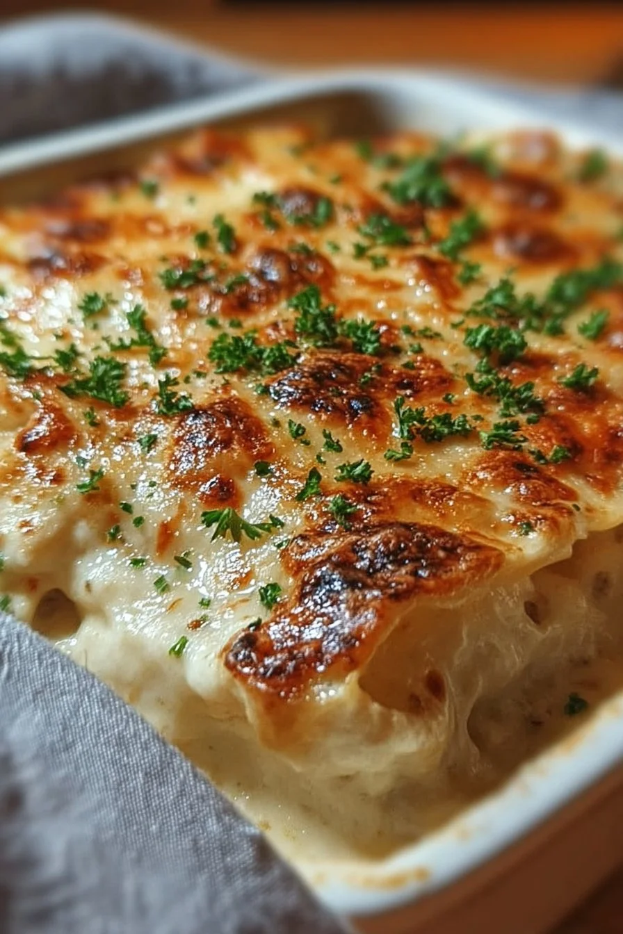 Delicious Chicken Alfredo Lasagna served with a side of fresh basil