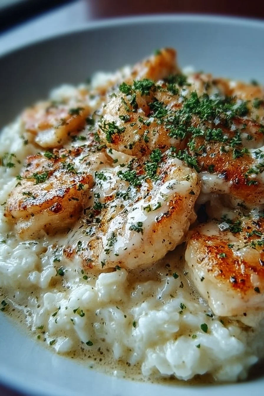 Delicious Chicken Scampi with creamy garlic parmesan rice served in a bowl