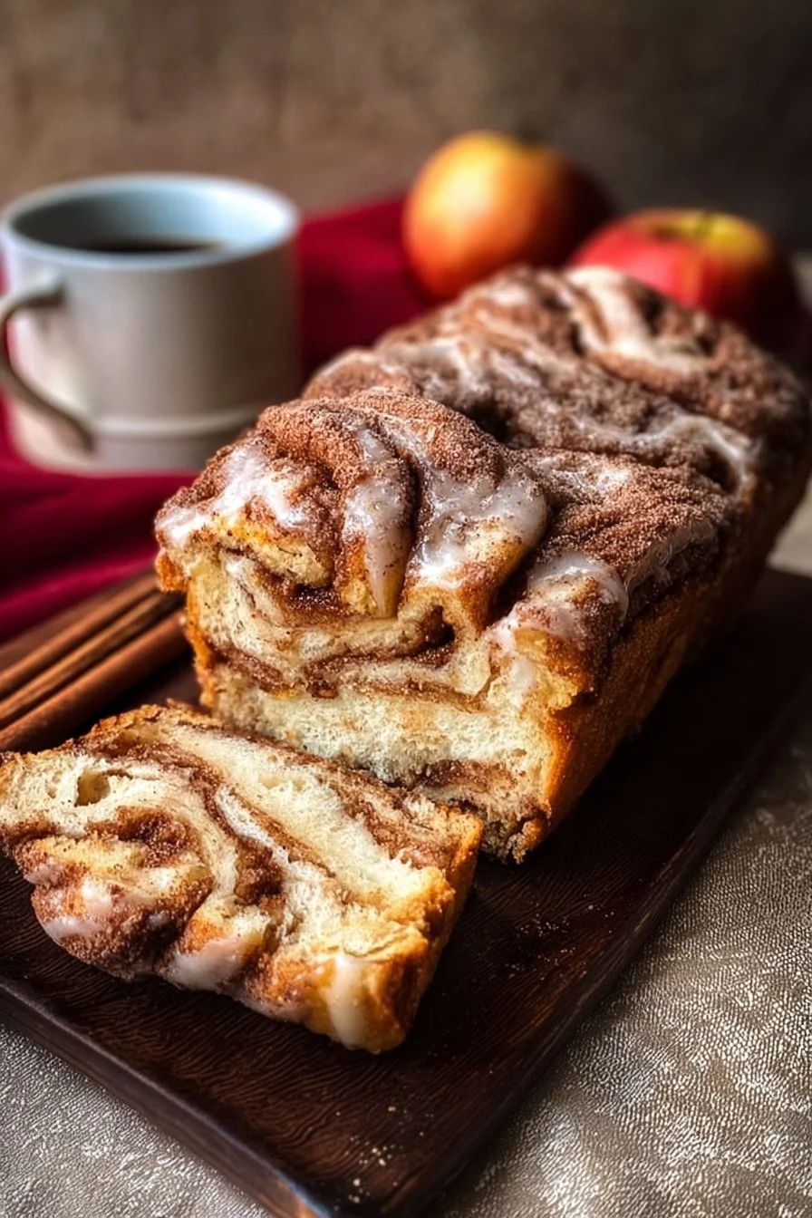 Freshly baked cinnamon swirl apple fritter bread with apple chunks