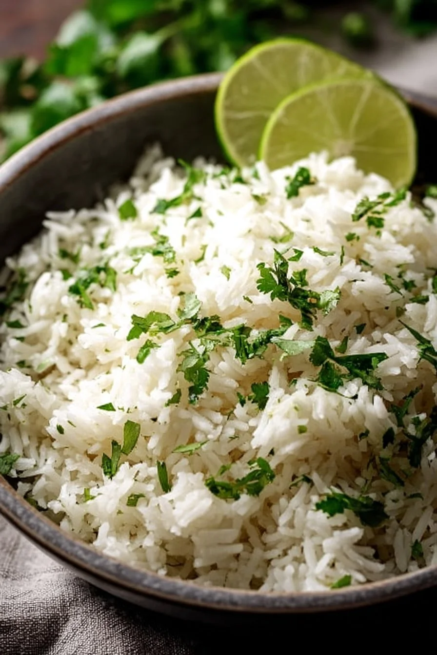 Bowl of classic cilantro lime rice garnished with fresh cilantro and lime wedges