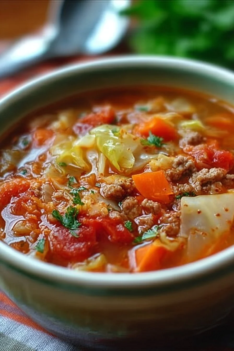Bowl of delicious cabbage roll soup topped with fresh herbs