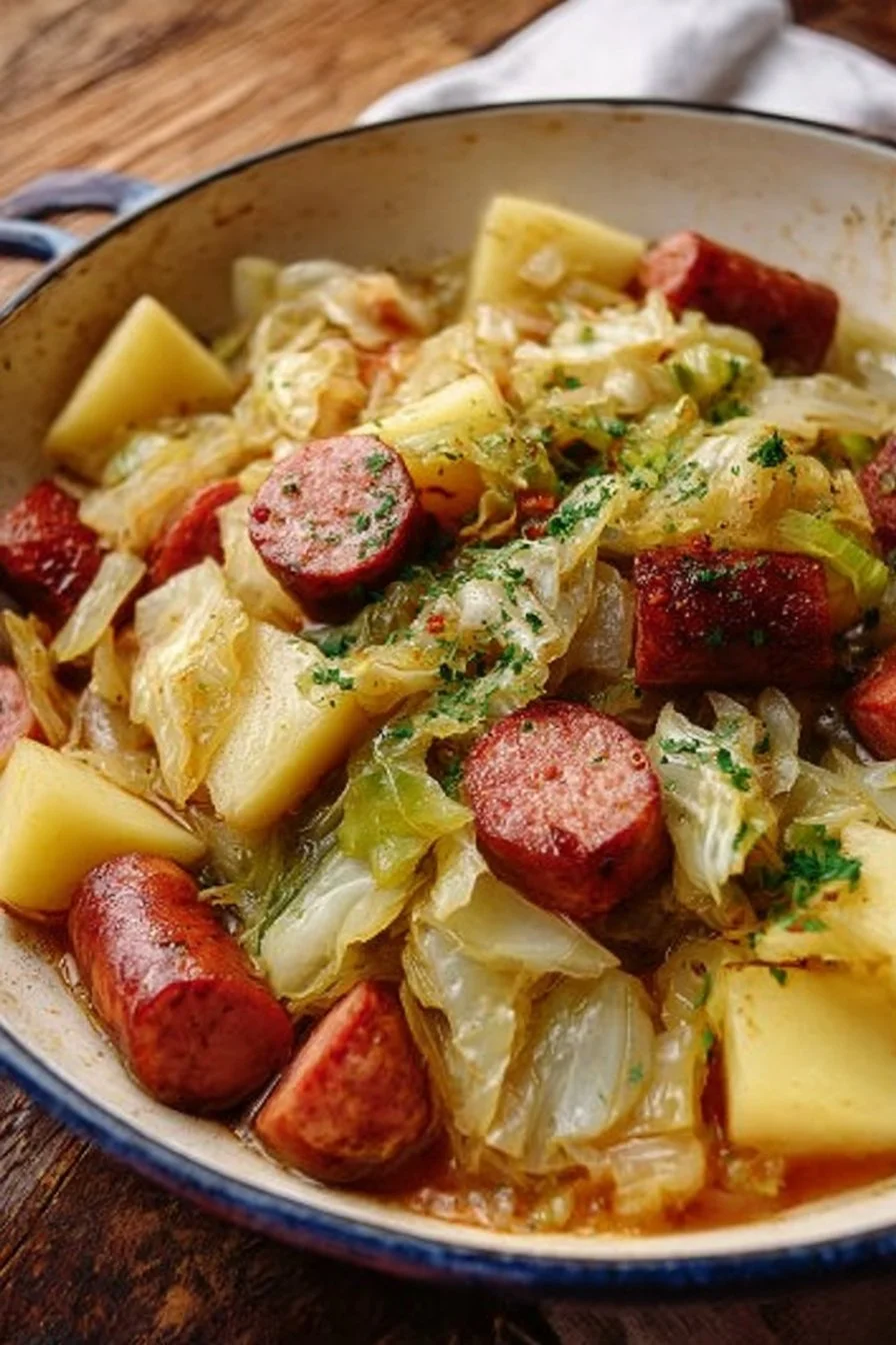 Delicious cozy cabbage with potatoes and sausage dish served in a bowl