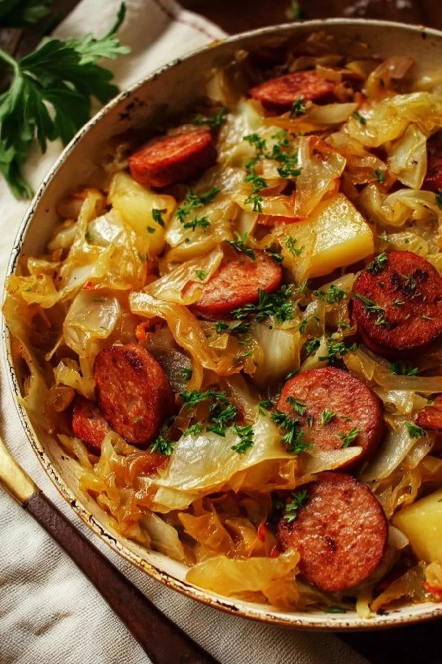 Cozy one-pot cabbage with potatoes and sausage in a simple, hearty dish