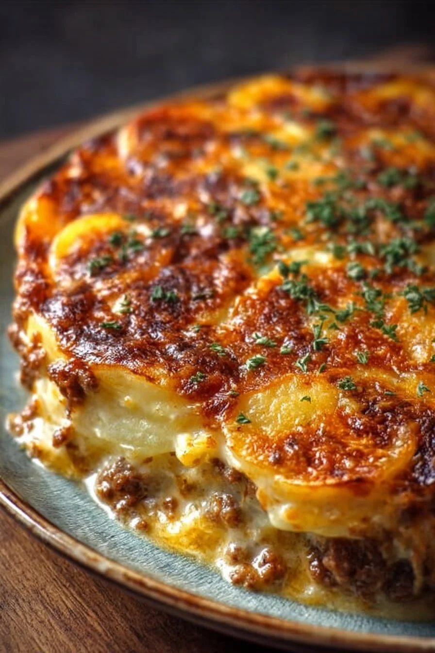 Creamy hamburger and potato casserole ready to serve in a baking dish