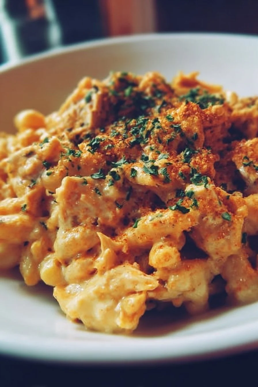 Creamy Buffalo Chicken Mac and Cheese with chicken, cheese, and buffalo sauce