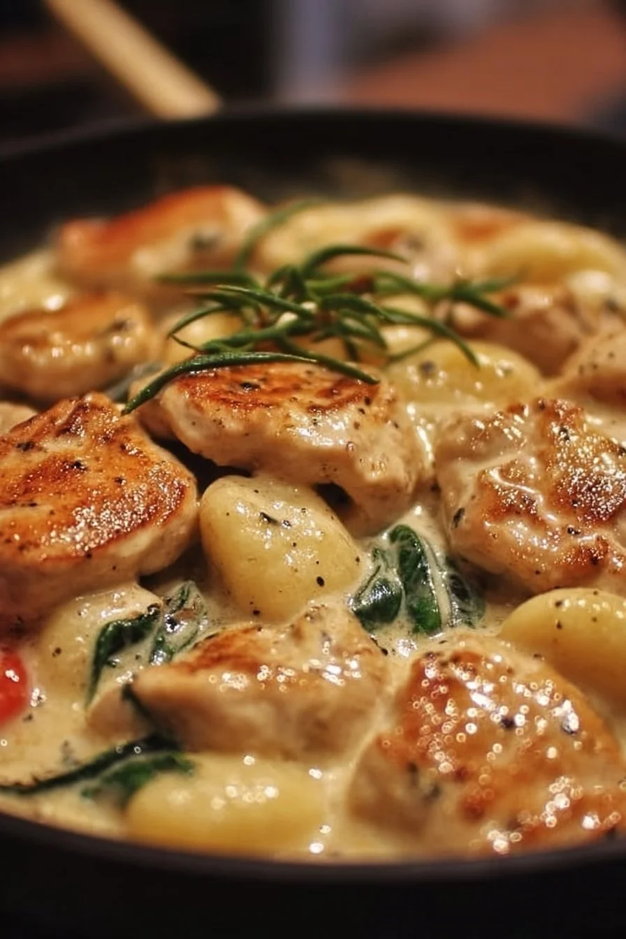 Creamy chicken gnocchi served in a bowl with herbs and spices