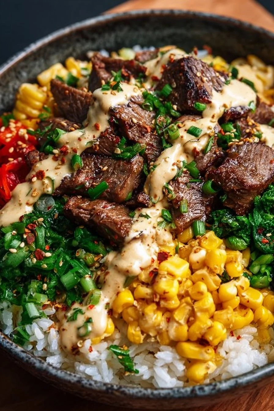Creamy Korean BBQ Beef Bowl with corn and creamy sauce for easy lunches