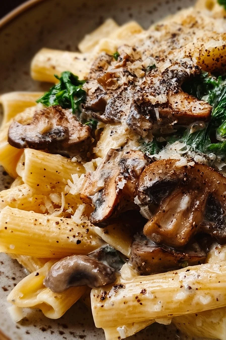 Creamy mushroom pasta dish topped with fresh herbs