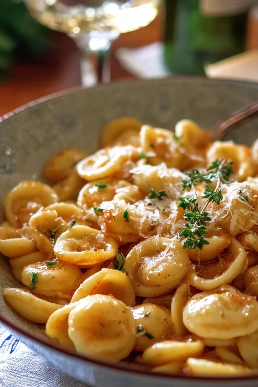 Creamy orecchiette pasta garnished with fresh thyme in a bowl
