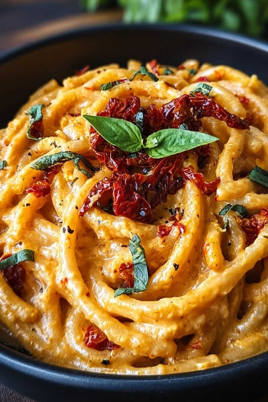 Creamy sun-dried tomato vegan pasta dish garnished with basil and spices.