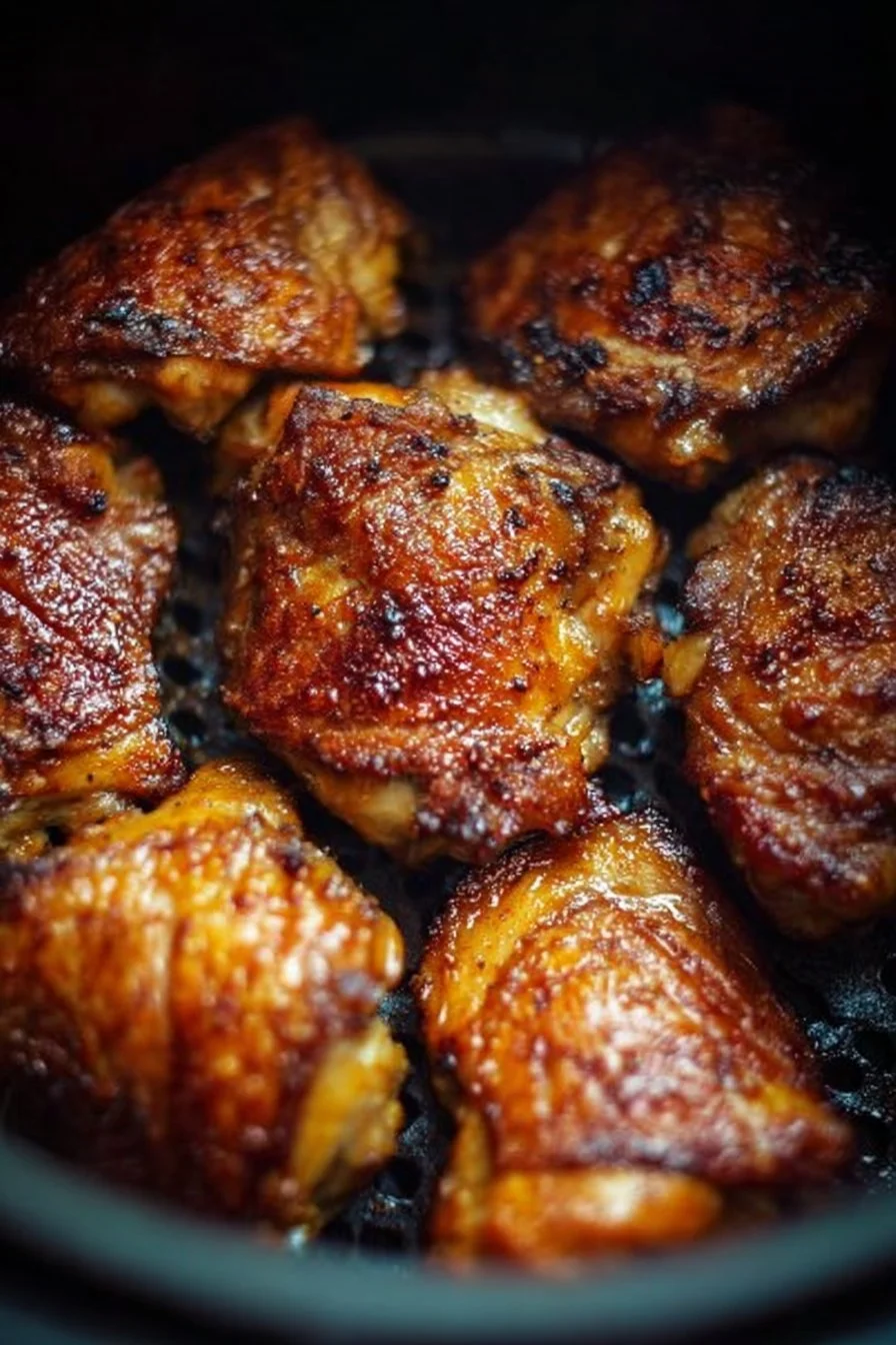 Crispy air fryer chicken thighs served on a plate with herbs and spices