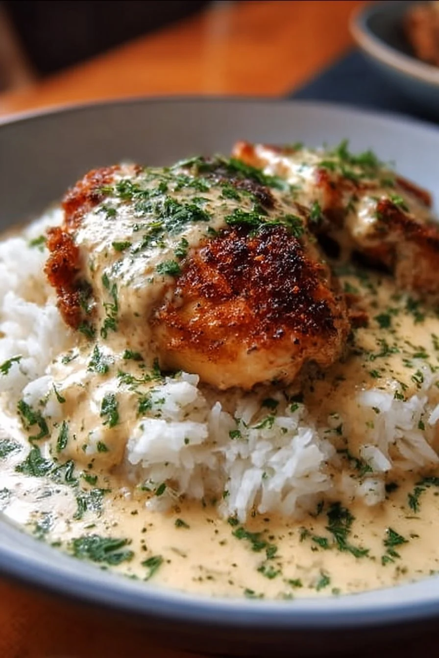 Crispy Creamy Smothered Chicken served with rice on a plate.
