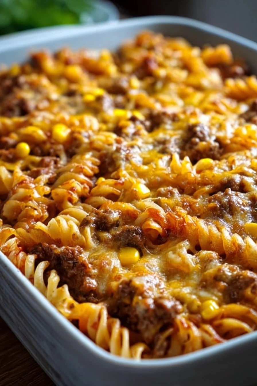 Crispy Loaded Cheddar Ranch Beef and Sweet Corn Rotini Bake
