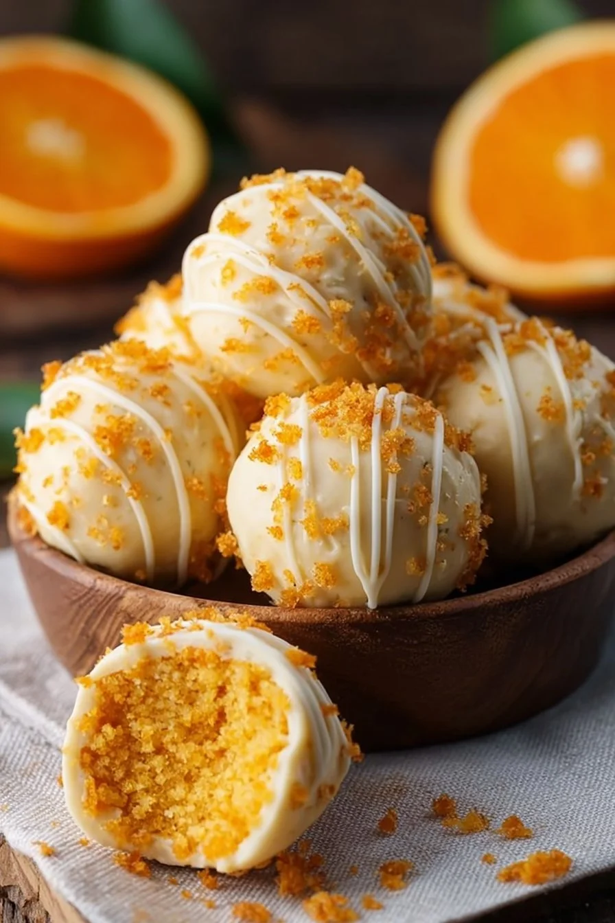 No bake orange creamsicle truffles on a plate with orange slices and cream