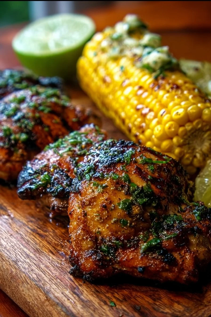 Crunchy grilled chicken thighs served with corn and lime-basil butter