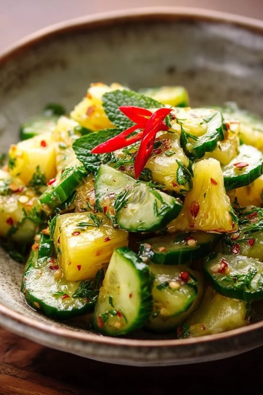 Delicious and refreshing crunchy pineapple cucumber salad served in a bowl.