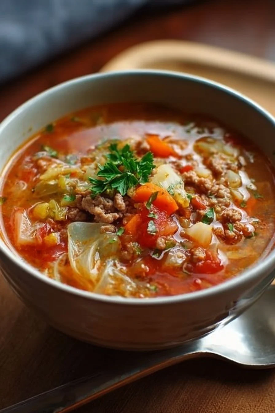 Bowl of delicious cabbage roll soup with fresh herbs and vegetables