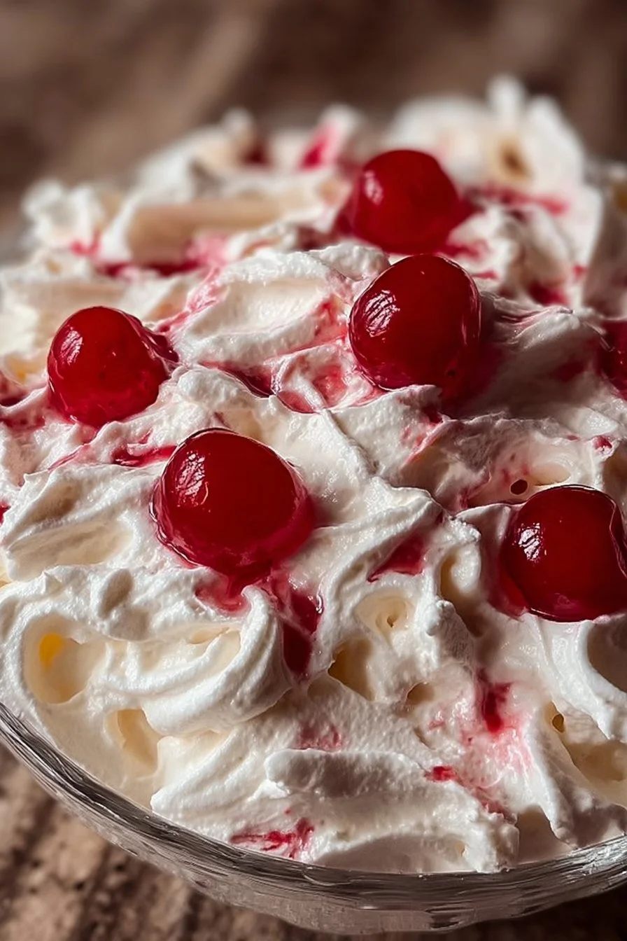 Bowl of delicious cherry cheesecake fluff dessert topped with cherries
