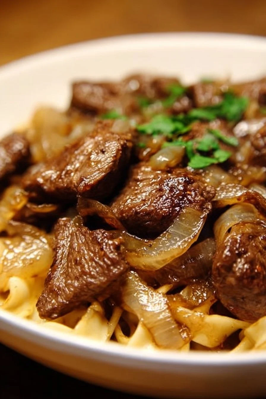 A hearty dish of French onion beef served over noodles with caramelized onions and cheese.