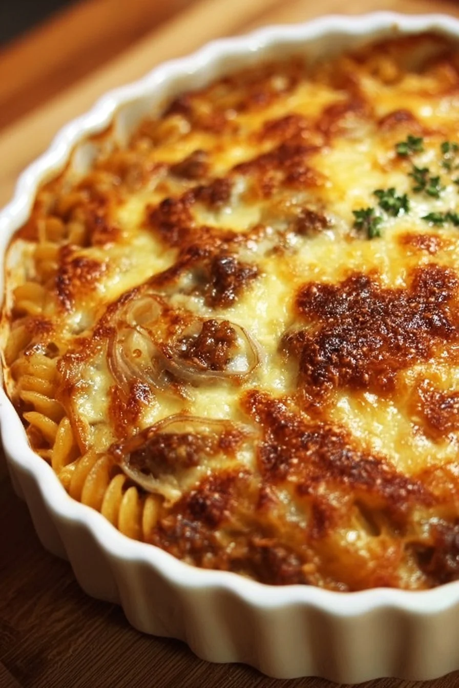 Delicious French Onion Casserole topped with melted cheese and crispy onions