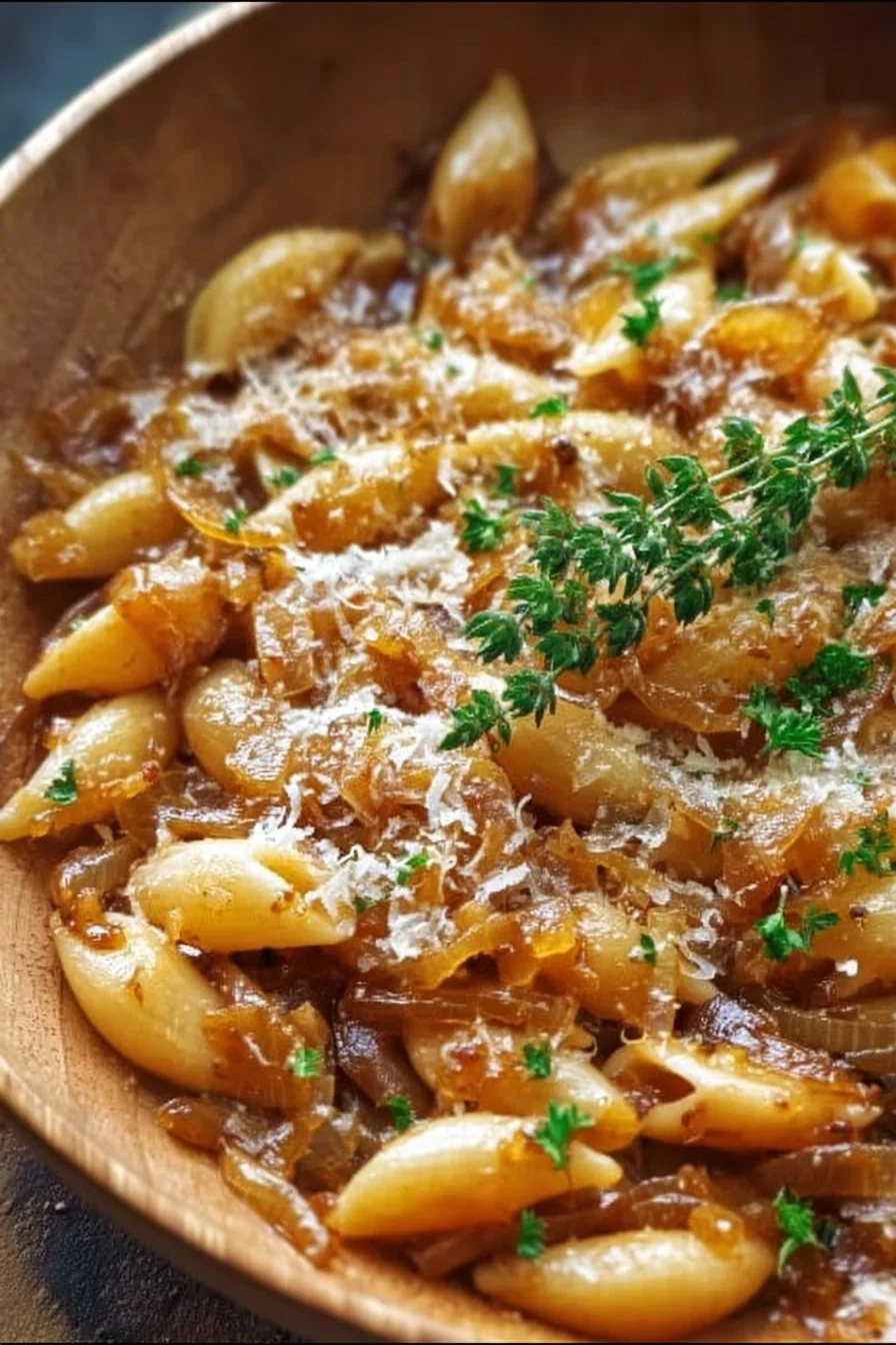 Delicious French Onion Pasta topped with cheese and caramelized onions