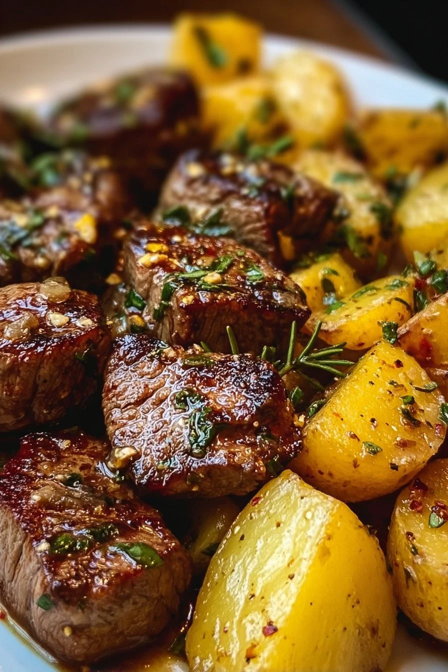 Garlic butter steak bites served with crispy potatoes on a plate