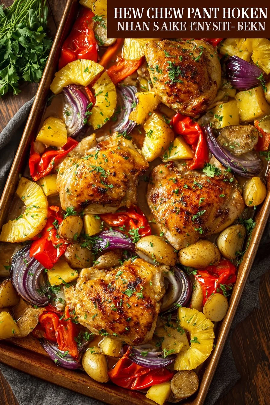 Delicious Hawaiian chicken sheet pan dinner with colorful vegetables.