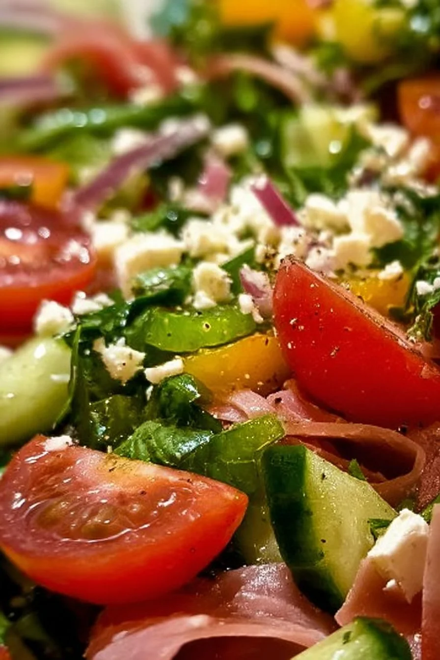 A vibrant Italian chopped salad with fresh vegetables and dressing.