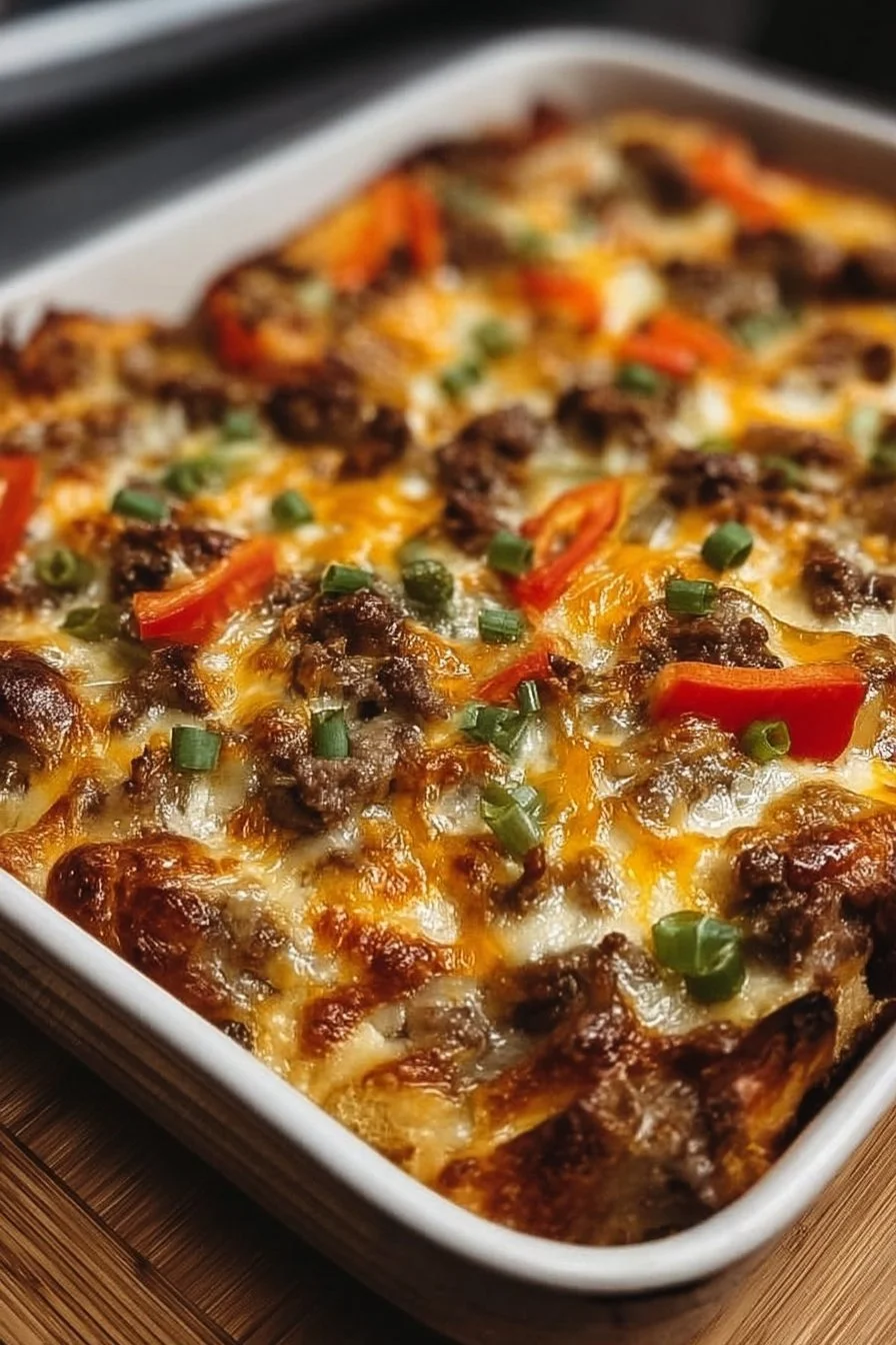 Low carb Philly cheesesteak casserole with cheese and peppers