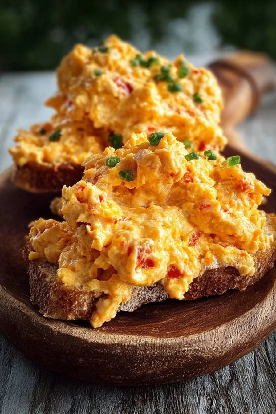 A bowl of homemade pimento cheese spread with crackers and vegetables