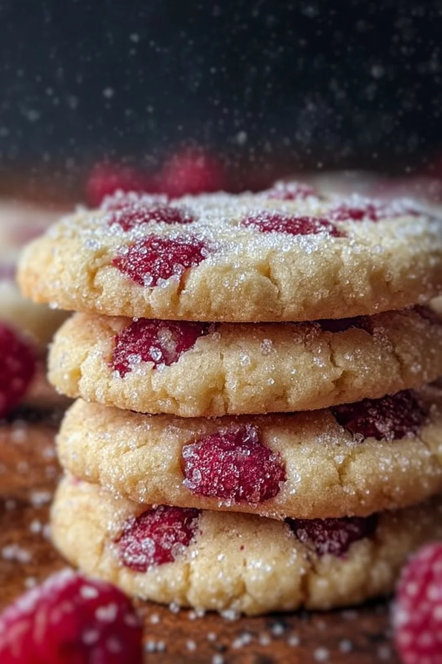 Delicious raspberry sugar cookies on a plate with fresh raspberries