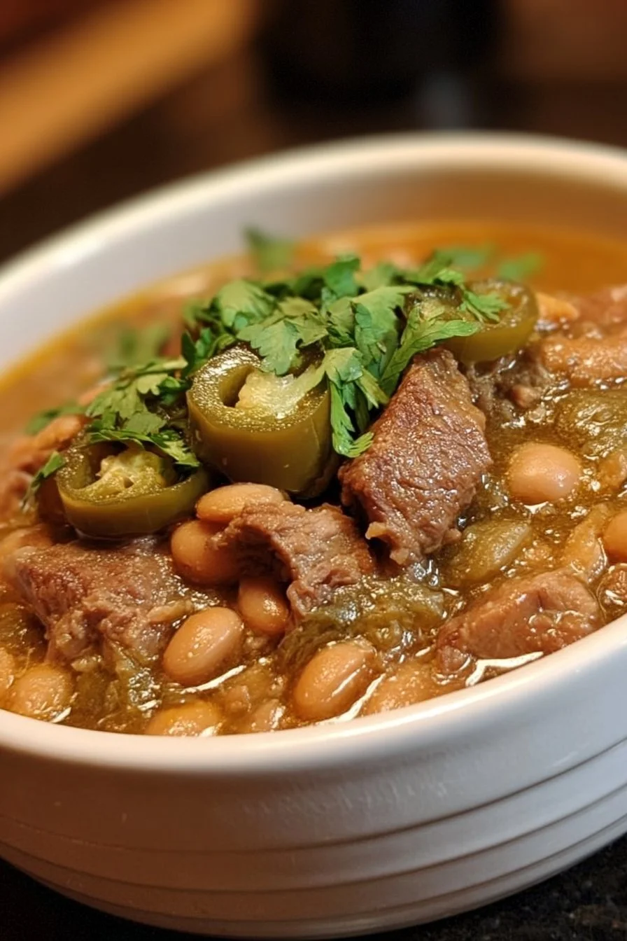 Bowl of slow cooker pinto beans with green chile and beef