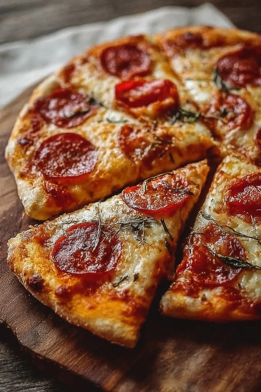 Homemade sourdough discard pizza topped with fresh ingredients