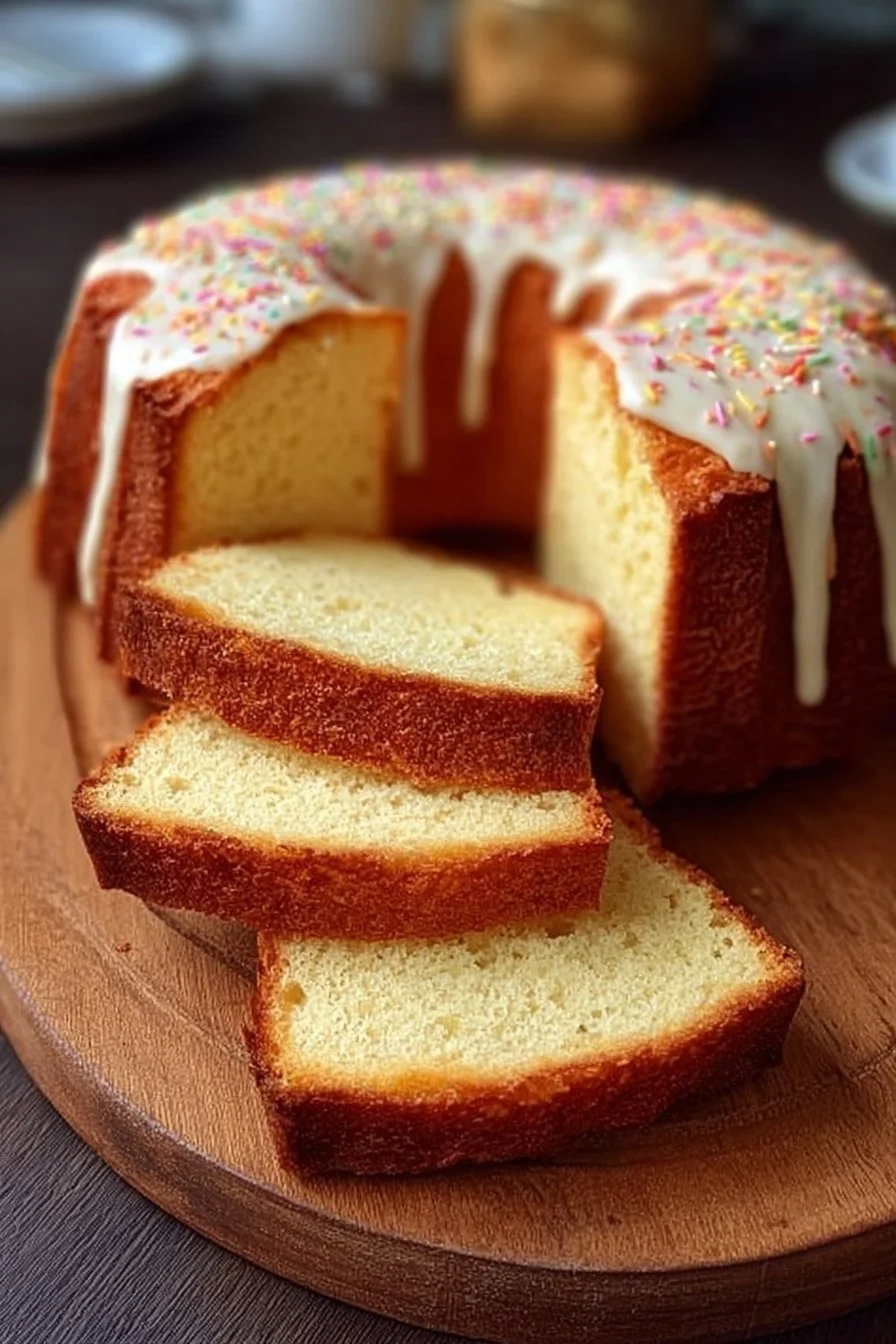 Slice of delicious vanilla buttermilk pound cake with a golden crust